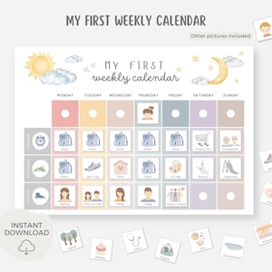 Puede incluir: Calendario semanal para niños con el texto "MY FIRST WEEKLY CALENDAR". El calendario tiene casillas para cada día de la semana, con ilustraciones de actividades como la escuela, el deporte y la familia. Incluye tarjetas ilustradas adicionales.