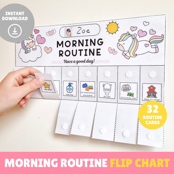 Morning routine printable for kids, Routine chart for toddler, Checklist, Daily visual schedule, Flip reward chart, Before school, Unicorn