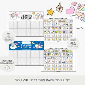 May include: Printable set of 64 routine cards featuring a unicorn theme. The cards are designed to help children learn and practice daily routines. The set includes two charts for morning and evening routines, with space to customize with the cards.