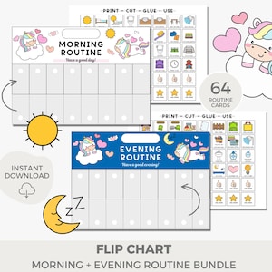 May include: A printable flip chart for kids featuring a unicorn theme. The chart includes a morning routine and an evening routine with blank spaces for adding personalized activities. It comes with 64 routine cards to help children learn and follow a daily schedule.