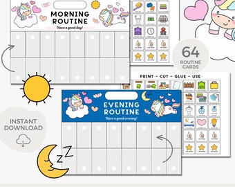 Morning and bedtime routine flip chart, Routine chart for toddlers, Daily routine checklist, Visual schedule kids, Printable chart, Unicorn