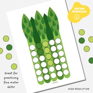May include: Printable asparagus-themed fine motor skills activity for kids. The worksheet features a green asparagus illustration with circles to color in.  The page includes green, light green, and white circles to color.