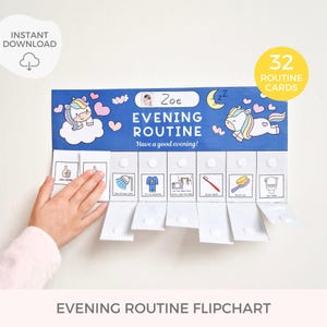 Bedtime flip chart, Routine printable, Visual schedule kid & toddler, Daily evening nighttime tracker, Afterschool checklist, Unicorn