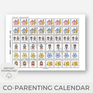 Pu&ograve; includere: Un calendario di co-parenting stampabile con icone colorate che rappresentano diverse localit&agrave; in cui un bambino potrebbe soggiornare, tra cui la casa della mamma, la casa del pap&agrave;, i nonni, la famiglia/gli amici, la tata e gli amici. Il testo "Dove dormo stanotte?" &egrave; in cima al calendario.