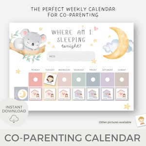 Peut inclure: Un calendrier de coparentalité avec un design aquarelle. Le calendrier présente un koala, une lune et des étoiles. Il comprend des espaces pour suivre où un enfant dort chaque nuit de la semaine. Le texte dit "Où vais-je dormir ce soir ?"