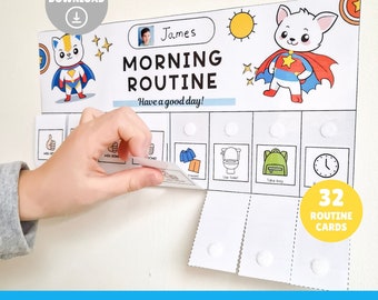 Afdrukbaar schema van ochtendroutines, Tijdschema voor kinderen, Visuele dagelijkse planning voor kleine kinderen, Downloaden, Montessori, Jongen