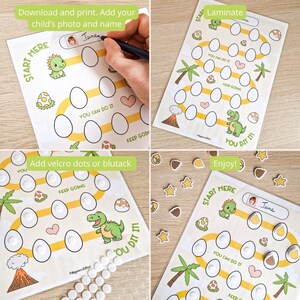 May include: A printable dinosaur-themed reward chart with a yellow path and white eggs. The chart includes phrases like "You Can Do It", "Keep Going", and "You Dit It".