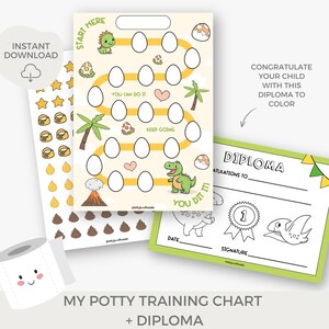 May include: A printable potty training chart featuring a dinosaur theme. The chart has a path with eggs to color in as the child progresses. It also includes a diploma for when the child completes potty training. The text on the chart reads "Start Here", "You Can Do It", "Keep Going", and "You Dit It!"