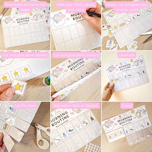 May include: A printable chart with a unicorn illustration and the text "Morning Routine" to help children learn their daily routine. The chart includes images of common morning activities like brushing teeth, getting dressed, and eating breakfast. The chart is designed to be laminated and used with velcro dots or blu tack.