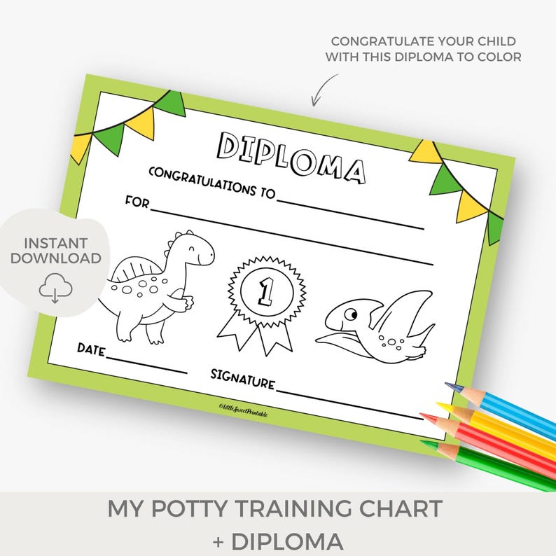 May include: A printable diploma for potty training with a dinosaur and a trophy. The diploma is black and white and can be colored in. The text on the diploma reads "Diploma", "Congratulations to", "For", "Date", "Signature", and "My Potty Training Chart + Diploma".