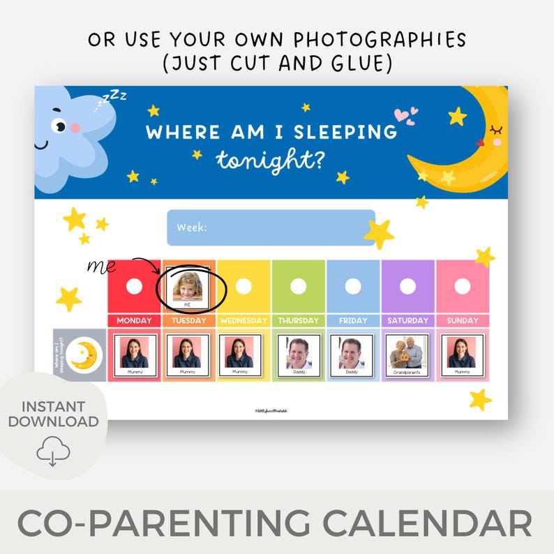 Pu&ograve; includere: Un calendario di co-genitorialit&agrave; colorato con sfondo blu e stelle. Il calendario ha uno spazio per la foto di un bambino e una sezione per ogni giorno della settimana. Il testo "Dove dormo stasera?" &egrave; in cima al calendario.