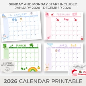 Printbare kalender voor kinderen voor 2026, printbare kalender voor het jaar 2026, maandkalender, familiekalender