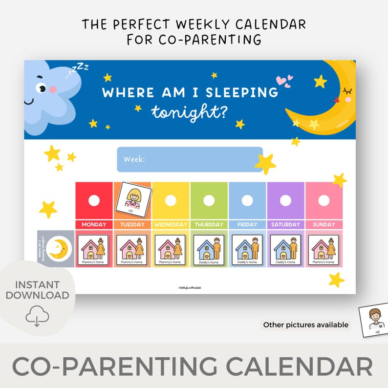 Pu&ograve; includere: Un calendario di co-genitorialit&agrave; stampabile con un design colorato. Il calendario ha una sezione per ogni giorno della settimana, con uno spazio per scrivere il numero della settimana. Ogni giorno ha uno spazio per segnare dove il bambino dormir&agrave; quella notte, con icone per "Casa della mamma" e "Casa del pap&agrave;". Il testo "Dove dormo stanotte?" &egrave; in cima al calendario.