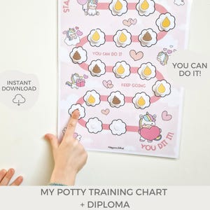 May include: A pink potty training chart with a path of cloud-shaped spaces, some filled with yellow and brown icons. Unicorn illustrations and the phrases "You Can Do It!" and "Keep Going" are featured. A child's hand points to the chart.