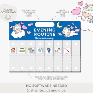 May include: A printable evening routine chart featuring a unicorn and a blue background. The chart has spaces for 7 different activities, such as "Come back home", "Take off my shoes", "Put on pajamas", and "Brush teeth". The chart also includes the text "Evening Routine" and "Have a good evening!"