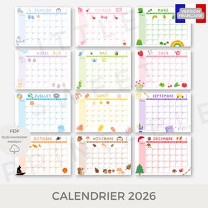 Puede incluir: Un calendario colorido de 2026 con dise&ntilde;os mensuales, cada uno con ilustraciones estacionales &uacute;nicas. El calendario incluye im&aacute;genes de un mu&ntilde;eco de nieve, corazones, un duende, un conejo, abejas, flores, una sand&iacute;a y una ardilla.