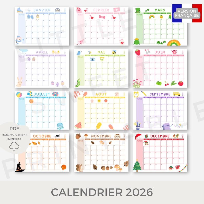 Puede incluir: Un calendario colorido de 2026 con dise&ntilde;os mensuales, cada uno con ilustraciones estacionales &uacute;nicas. El calendario incluye im&aacute;genes de un mu&ntilde;eco de nieve, corazones, un duende, un conejo, abejas, flores, una sand&iacute;a y una ardilla.