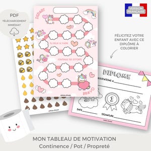 Peut inclure: Un tableau d'apprentissage rose et blanc sur le thème de la licorne pour l'apprentissage de la propreté. Le tableau comporte un chemin de nuages avec des cœurs et des étoiles. Le tableau indique "Depart", "Tu peux le faire", "Continue tes efforts", et "Bravo". Il y a un diplôme imprimable avec une licorne et le texte "Félicitez votre enfant avec ce diplôme à colorier" et "DIPLOME".