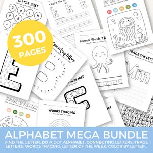 Pacote de 300 planilhas para aprender o alfabeto, letras, atividades do alfabeto, folhas para impressão, creche, ler, escrever