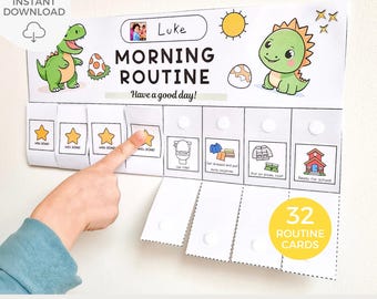 Morning routine printable for kids, Routine chart for toddler, Checklist, Daily visual schedule, Flip reward chart, Before school, Dinosaur