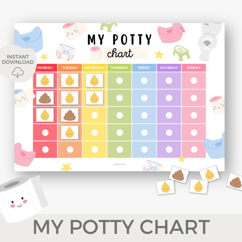 May include: A colorful printable potty training chart with a rainbow design. The chart has days of the week listed across the top and spaces for stickers to mark successful potty trips. The text "My Potty Chart" is at the top of the chart.