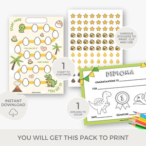May include: Printable dinosaur-themed reward chart, diploma, and stickers. The chart features a green dinosaur and yellow eggs. The diploma has a green dinosaur and a gold star. The stickers are yellow stars, dinosaur footprints, and poop.