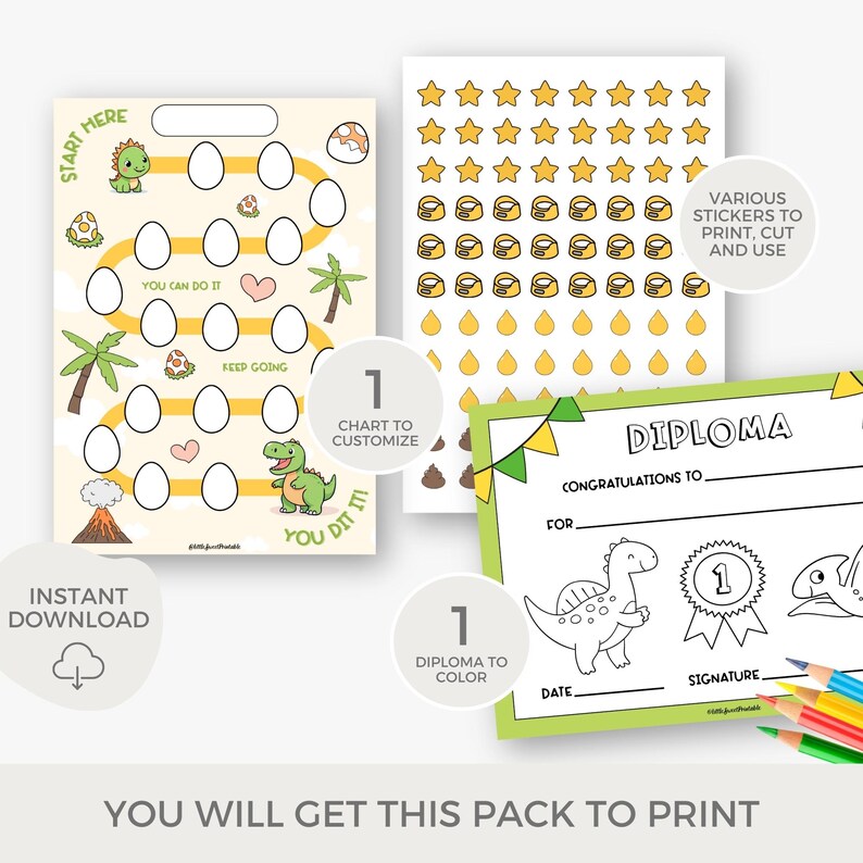 May include: Printable dinosaur-themed reward chart, diploma, and stickers. The chart features a green dinosaur and yellow eggs. The diploma has a green dinosaur and a gold star. The stickers are yellow stars, dinosaur footprints, and poop.