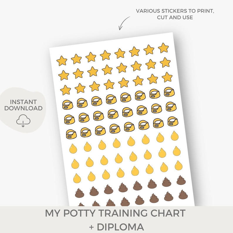 May include: Printable potty training chart stickers with various images including stars, toilet bowls, pee drops, and poop. The chart includes the text "My Potty Training Chart + Diploma".