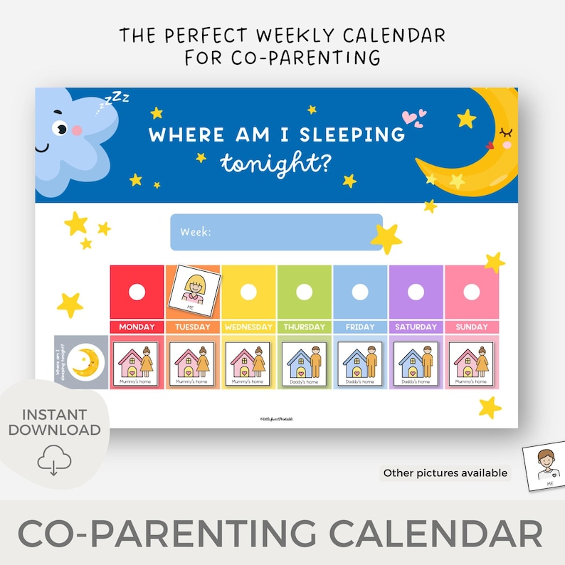 Pu&ograve; includere: Un calendario di co-genitorialit&agrave; stampabile con un design colorato. Il calendario ha una sezione per ogni giorno della settimana, con uno spazio per scrivere il numero della settimana. Ogni giorno ha uno spazio per segnare dove il bambino dormir&agrave; quella notte, con icone per "Casa della mamma" e "Casa del pap&agrave;". Il testo "Dove dormo stanotte?" &egrave; in cima al calendario.