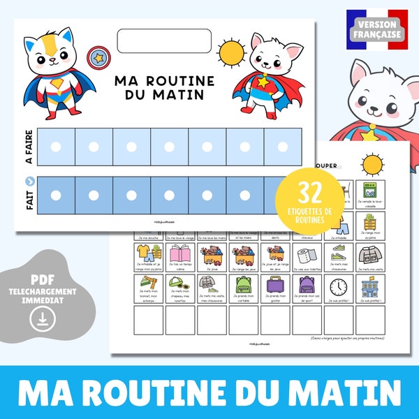 Printable table of morning routines for children, Timetable, Visual day planning, Immediate download, Montessori, Superhero