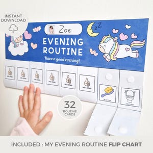 May include: A blue and white printable chart with a unicorn illustration and the text "Evening Routine" and "Have a good evening!"  The chart includes 32 blank cards for a child's evening routine.