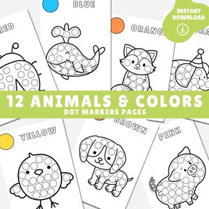 May include: A set of 12 printable dot marker pages featuring different animals, each with a corresponding color. The animals include a ladybug, whale, raccoon, unicorn, chick, puppy, pig, and more. The colors are red, blue, orange, yellow, brown, and pink.