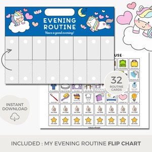May include: A printable evening routine chart featuring a unicorn and a cloud. The chart has 32 blank spaces for routine cards and a section for stickers. The text on the chart reads "Evening Routine" and "Have a good evening!"