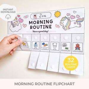 May include: A colorful printable morning routine chart with a unicorn illustration and 32 routine cards. The chart includes a space for a child's name and a picture. The text on the chart reads "Morning Routine" and "Have a good day!"