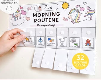 Morning routine printable for kids, Routine chart for toddler, Checklist, Daily visual schedule, Flip reward chart, Before school, Unicorn