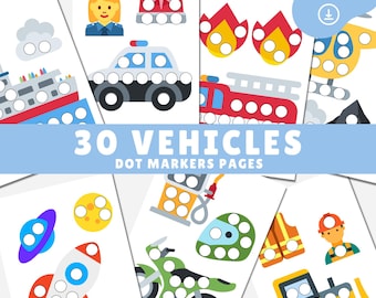 Do a dot printable, Vehicles dot marker pages, Easy kids coloring pages, Dot art activity kids & toddlers, Color book, Fine motor activity