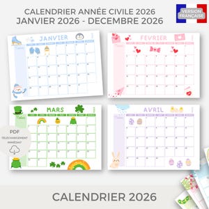 Puede incluir: Un calendario colorido de 2026 con dise&ntilde;os mensuales para enero, febrero, marzo y abril. Cada mes tiene un tema &uacute;nico con ilustraciones de iconos de temporada como copos de nieve, corazones, tr&eacute;boles y huevos de Pascua. El calendario est&aacute; disponible como descarga PDF.