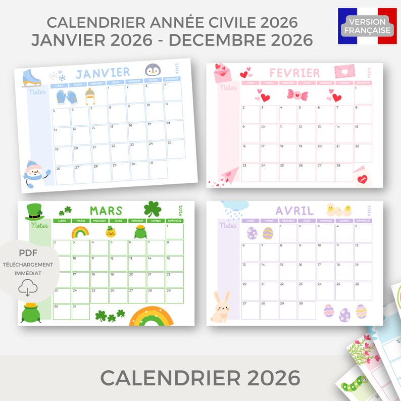 Puede incluir: Un calendario colorido de 2026 con dise&ntilde;os mensuales para enero, febrero, marzo y abril. Cada mes tiene un tema &uacute;nico con ilustraciones de iconos de temporada como copos de nieve, corazones, tr&eacute;boles y huevos de Pascua. El calendario est&aacute; disponible como descarga PDF.