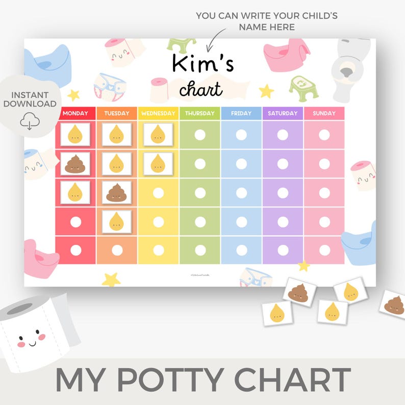 May include: A colorful printable potty training chart with a rainbow background and a cartoon toilet, a roll of toilet paper, and a star. The chart has days of the week labeled and spaces for stickers. The text "Kim's chart" is at the top of the chart.