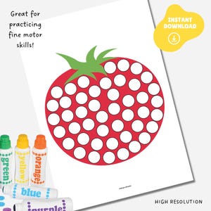 May include: Printable coloring page featuring a red strawberry with white circles for coloring. The page includes the text "Great for practicing fine motor skills!" and "INSTANT DOWNLOAD".