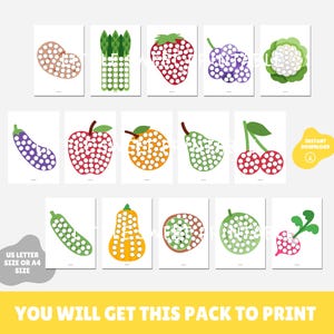 May include: A set of 14 printable dot-to-dot activity sheets featuring various fruits and vegetables. Each sheet has a different fruit or vegetable with white circles to connect. The text "US Letter Size or A4 Size" and "Instant Download" are also included.