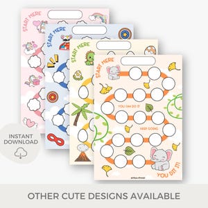 May include: Four printable reward charts with different themes. Each chart features a colorful path with circles to color in as a child completes tasks. The themes include a unicorn, a superhero, a dinosaur, and an elephant.