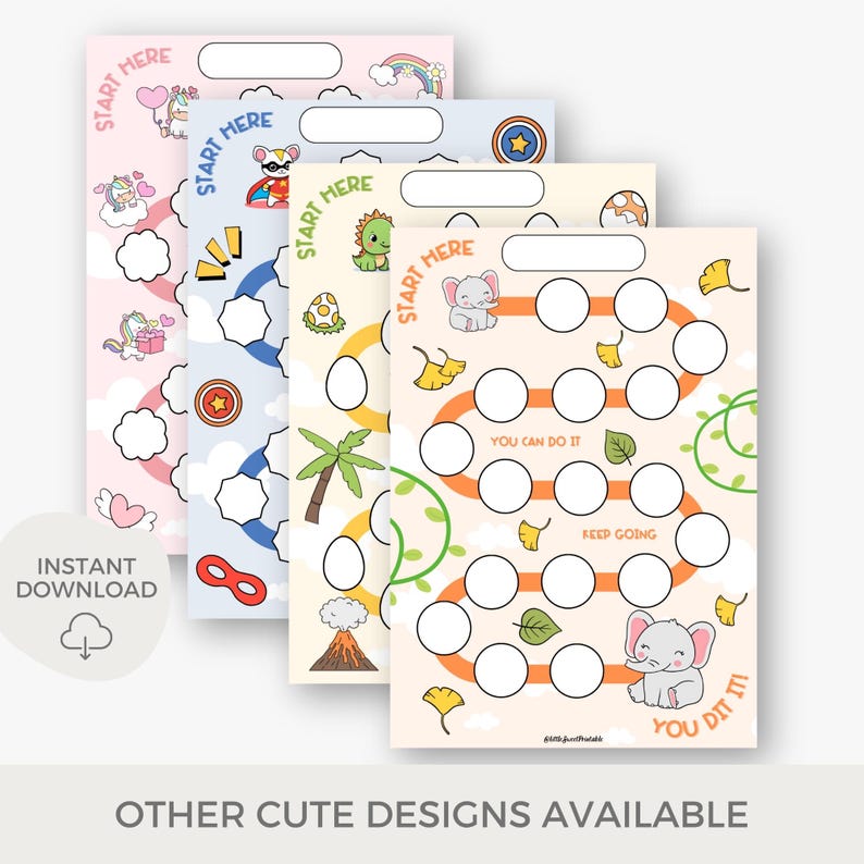 May include: Four printable reward charts with different themes. Each chart features a colorful path with circles to color in as a child completes tasks. The themes include a unicorn, a superhero, a dinosaur, and an elephant.