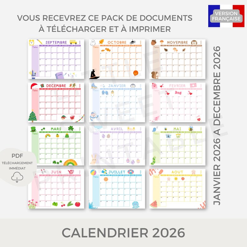 Puede incluir: Un calendario colorido de 2026 con dise&ntilde;os mensuales, con ilustraciones decorativas para cada mes. El calendario incluye los meses del a&ntilde;o de enero a diciembre. El texto en el calendario dice "CALENDRIER 2026".