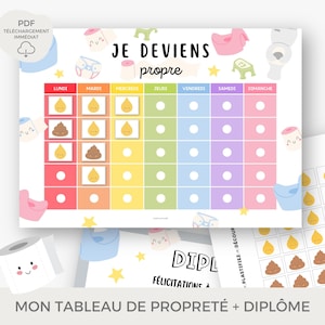 May include: A colorful potty training chart with the words "JE DEVIENS propre" at the top. The chart has spaces for each day of the week, with illustrations of a droplet and a poop emoji. Additional sheets include a diploma and stickers.