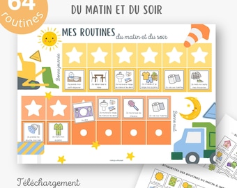 Morning and evening routine chart for children, Routines for children, Morning and bedtime routine, Printable children's routine poster, Construction site