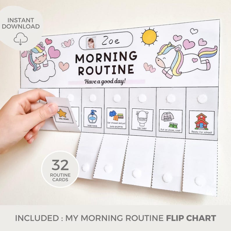 May include: A colorful printable chart with a unicorn illustration and the text "Morning Routine" and "Have a good day!"  The chart is designed for children to use as a visual aid for their morning routine.  It includes 32 routine cards with images and text.