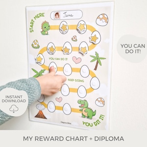 Könnte beinhalten: Ein druckbarer Belohnungs-Chart zum Thema Dinosaurier mit einem gelben Weg und weißen Eiern. Der Chart zeigt ein Dinosaurierbild am Anfang und am Ende. Der Text "You Can Do It!" befindet sich oben auf dem Chart. Der Text "You Dit It!" befindet sich unten auf dem Chart. Der Text "Keep Going" befindet sich in der Mitte des Charts. Der Text "Start Here" befindet sich oben links auf dem Chart. Der Text "June" befindet sich oben rechts auf dem Chart.