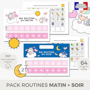 Grafico della routine mattutina e serale, poster rituale per bambini, lista di controllo della responsabilità, programma visivo stampabile, unicorno