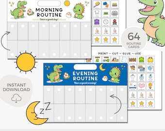 Morning and bedtime routine flip chart, Routine chart for toddlers, Daily routine checklist, Visual schedule for kids, Printable chart, Dino